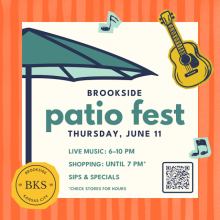 Patio Fest in Brookside — Thursday, June 11, 6:00–10:00 PM. Free live music, outdoor dining, local shopping and patio fun in one of Kansas City’s most walkable neighborhoods.